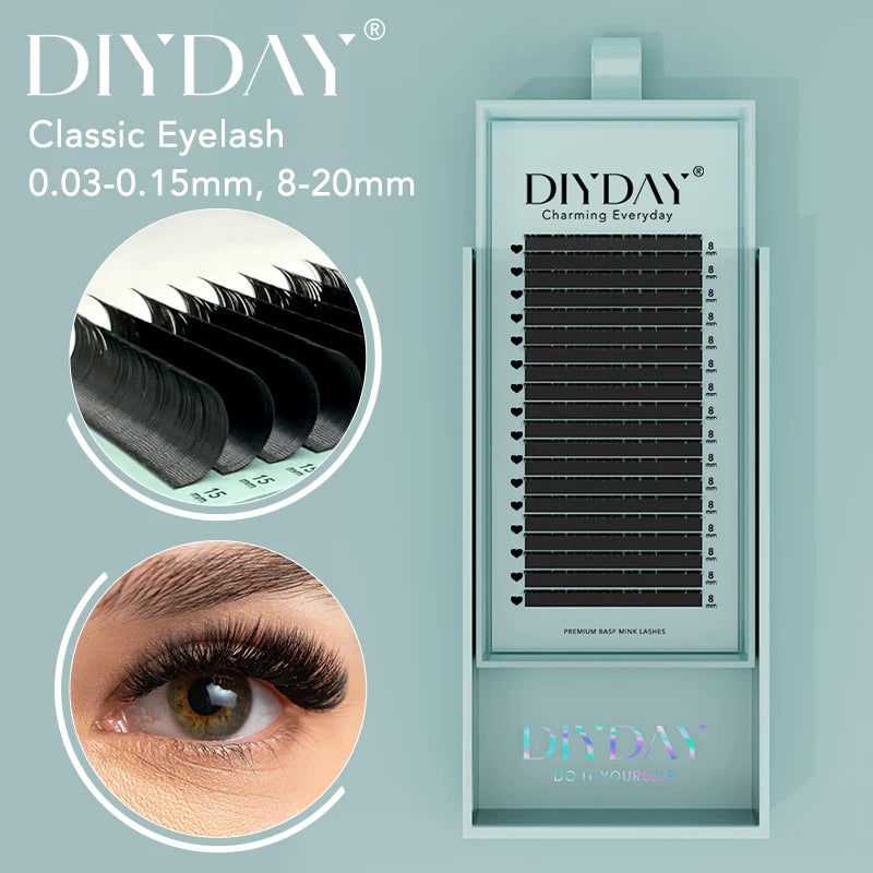 DIYDAY Classic Individual Eyelash Extensions – Long-Length Soft Matte Black Faux Mink Lashes, Wholesale Tray
