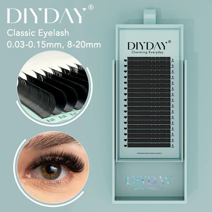 DIYDAY Classic Individual Eyelash Extensions – Long-Length Soft Matte Black Faux Mink Lashes, Wholesale Tray